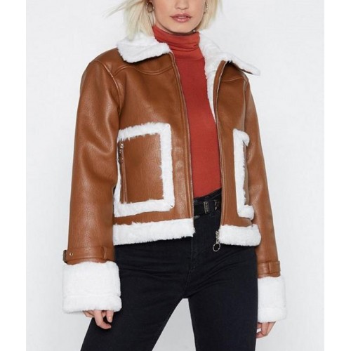 Womens Brown Cropped Aviator Leather Jacket